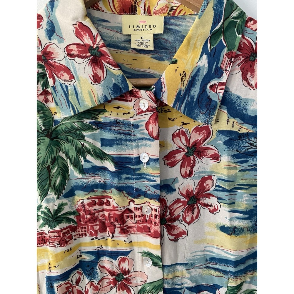 Vintage 90s Limited America Tea Timer T Shirt Dress Tropical L Rayon Tiki Cabana - Picture 3 of 9